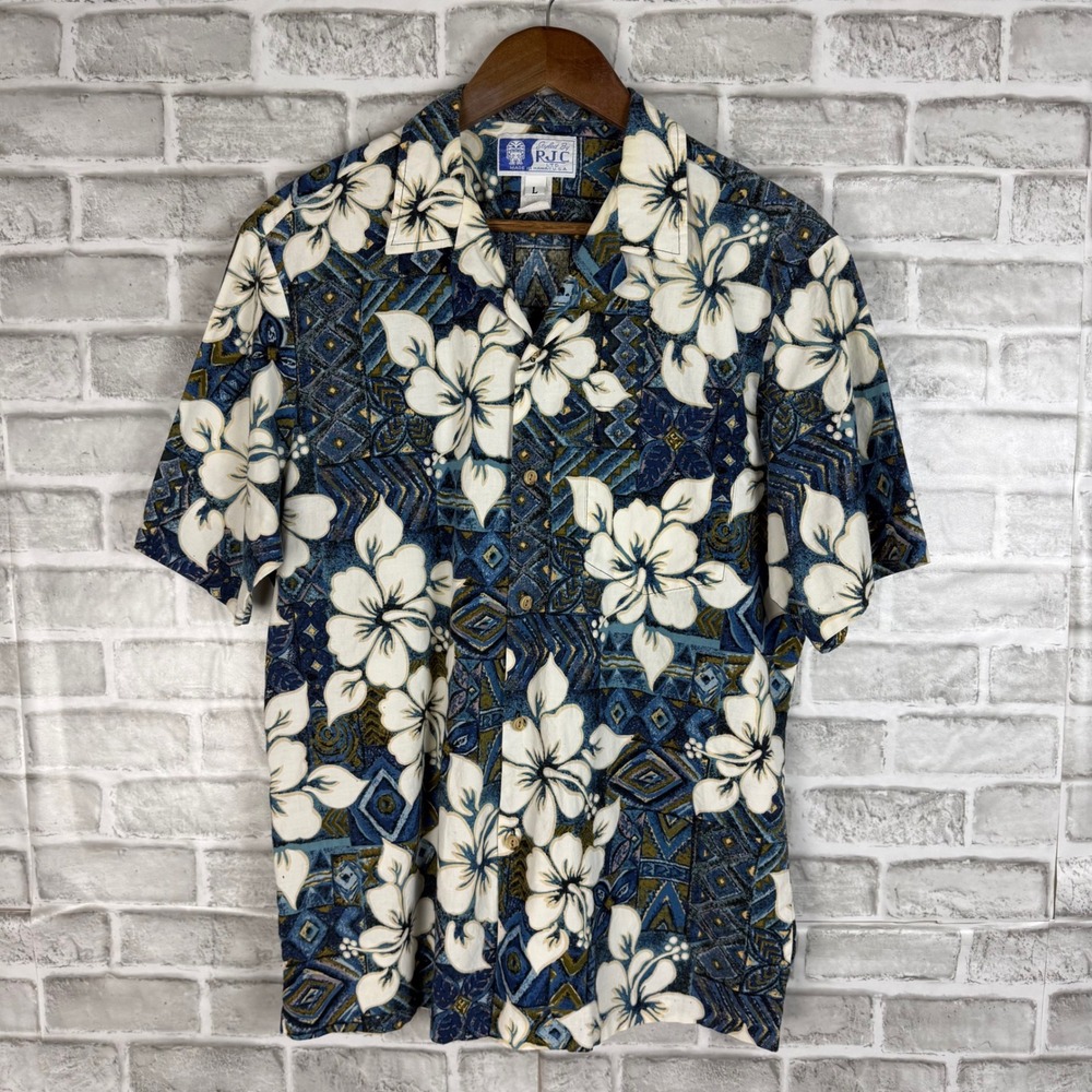 RJC Hawaiian Shirt Mens Large Blue Hibiscus Floral Tribal Aloha Made in Hawaii